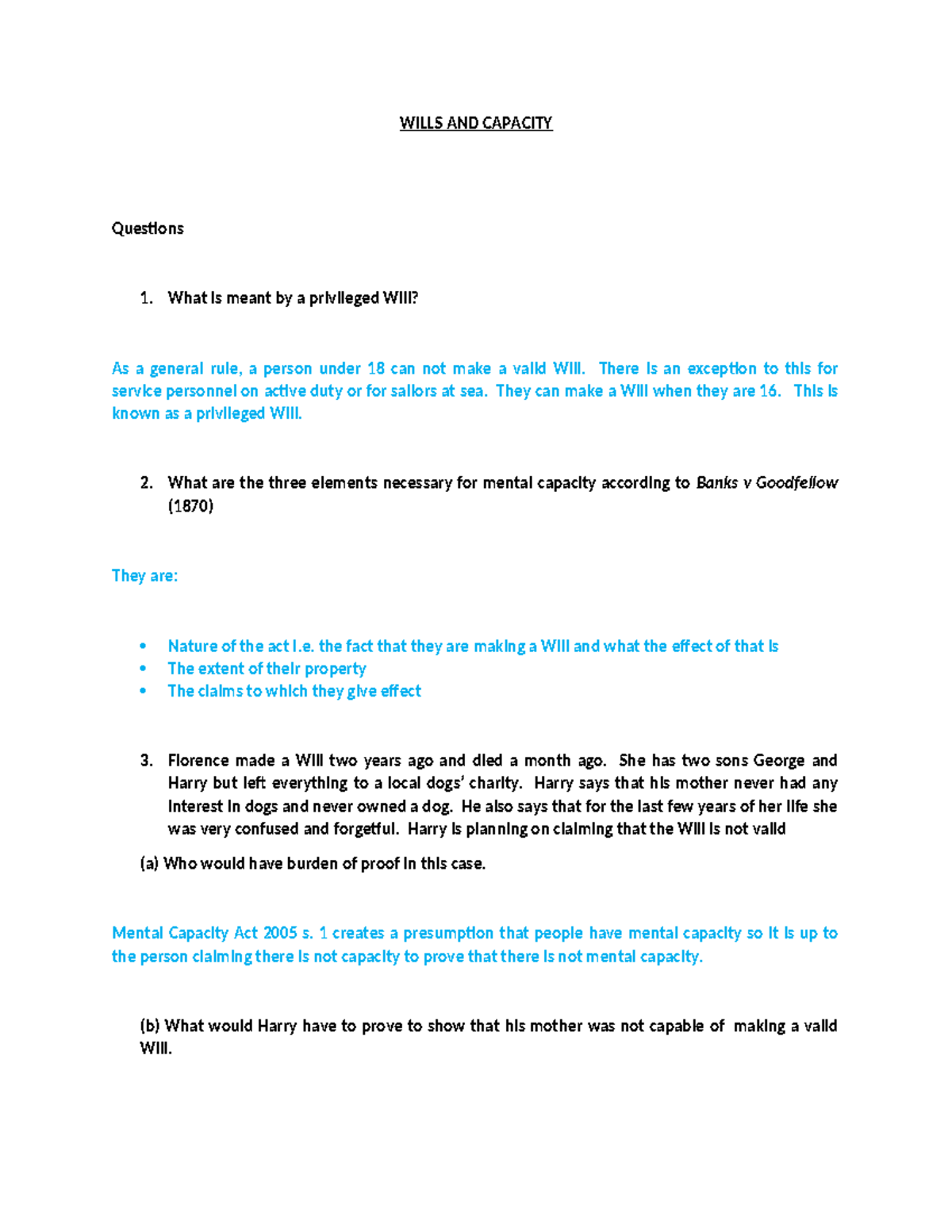 Willsadmin 2 Capacityfb - WILLS AND CAPACITY Questions 1. What is meant ...