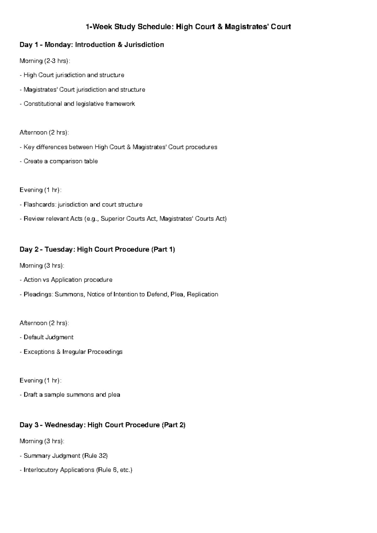 1-Week Study Schedule for Attorneys Exam: High Court Procedures - Studocu