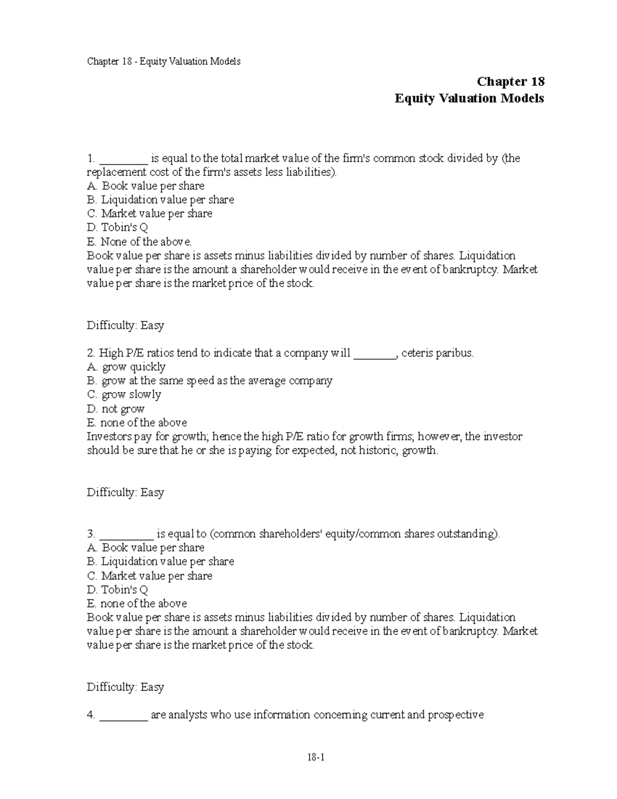Chapter 18 & Ch2 Questions - Investment Analysis Insights - Studocu