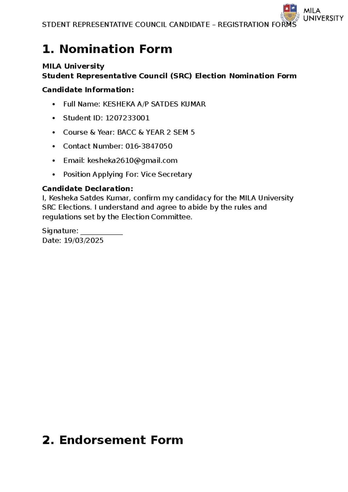 SRC Election Candidate Registration Form for 2025 - Kesheka Kumar - Studocu