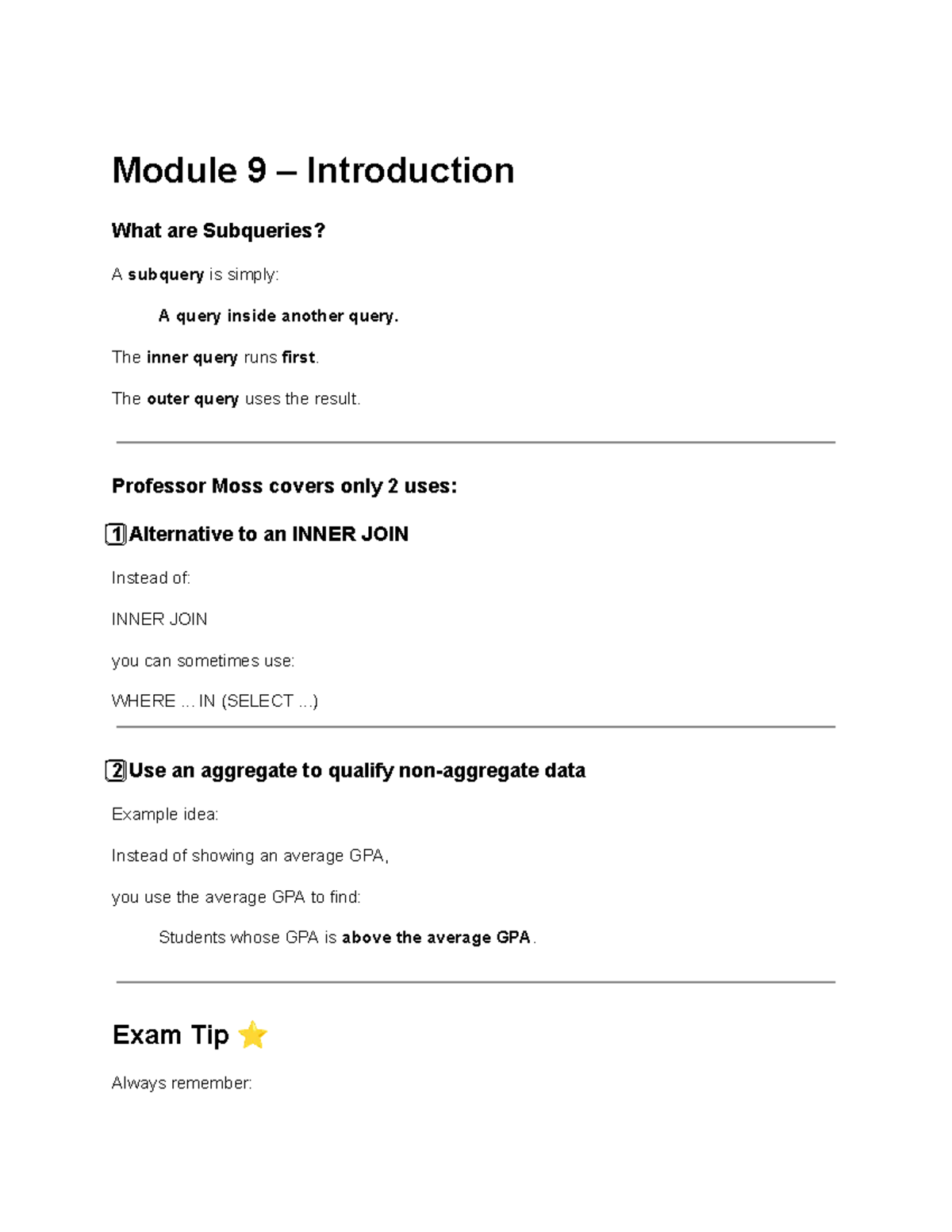 Module 9 – Advanced SQL Queries: Subqueries - Studocu