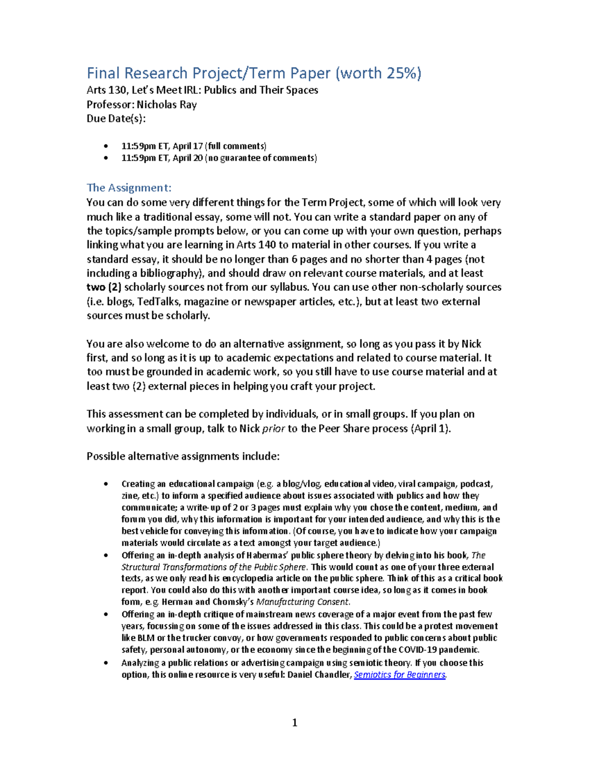 Final Research Paper Guidelines for Arts 130: Meet IRL Project - Studocu
