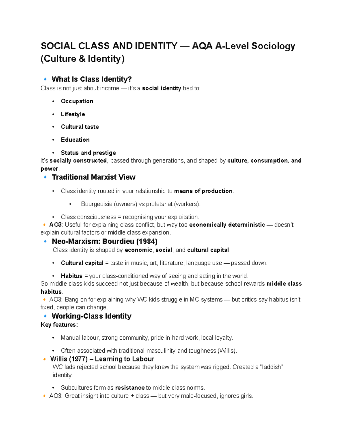 Social Class and Identity Insights — AQA A-Level Sociology Notes - Studocu