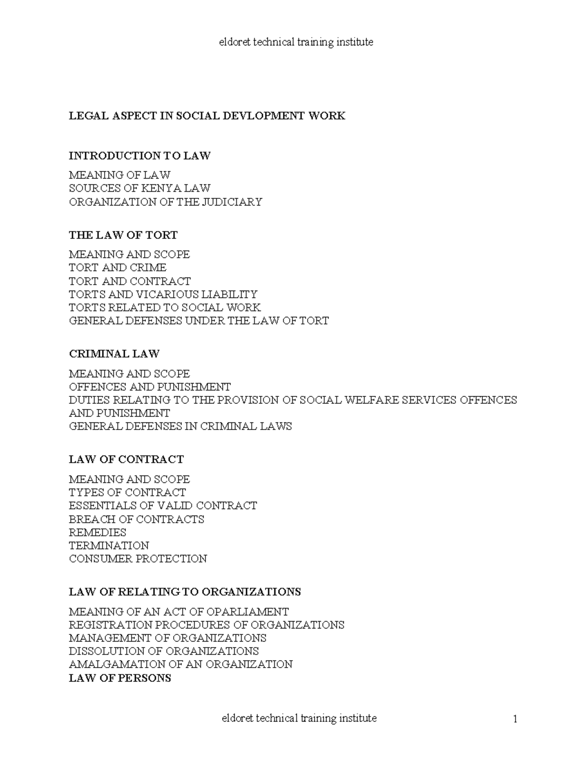 Legal Aspects in Social Development Work - ELD 101 - Studocu