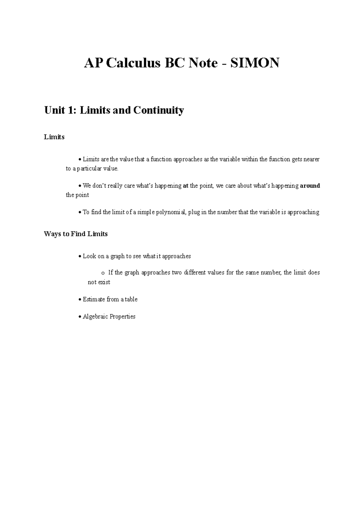 AP Calculus BC Notes: Unit 1-5 Overview on Limits & Differentiation ...