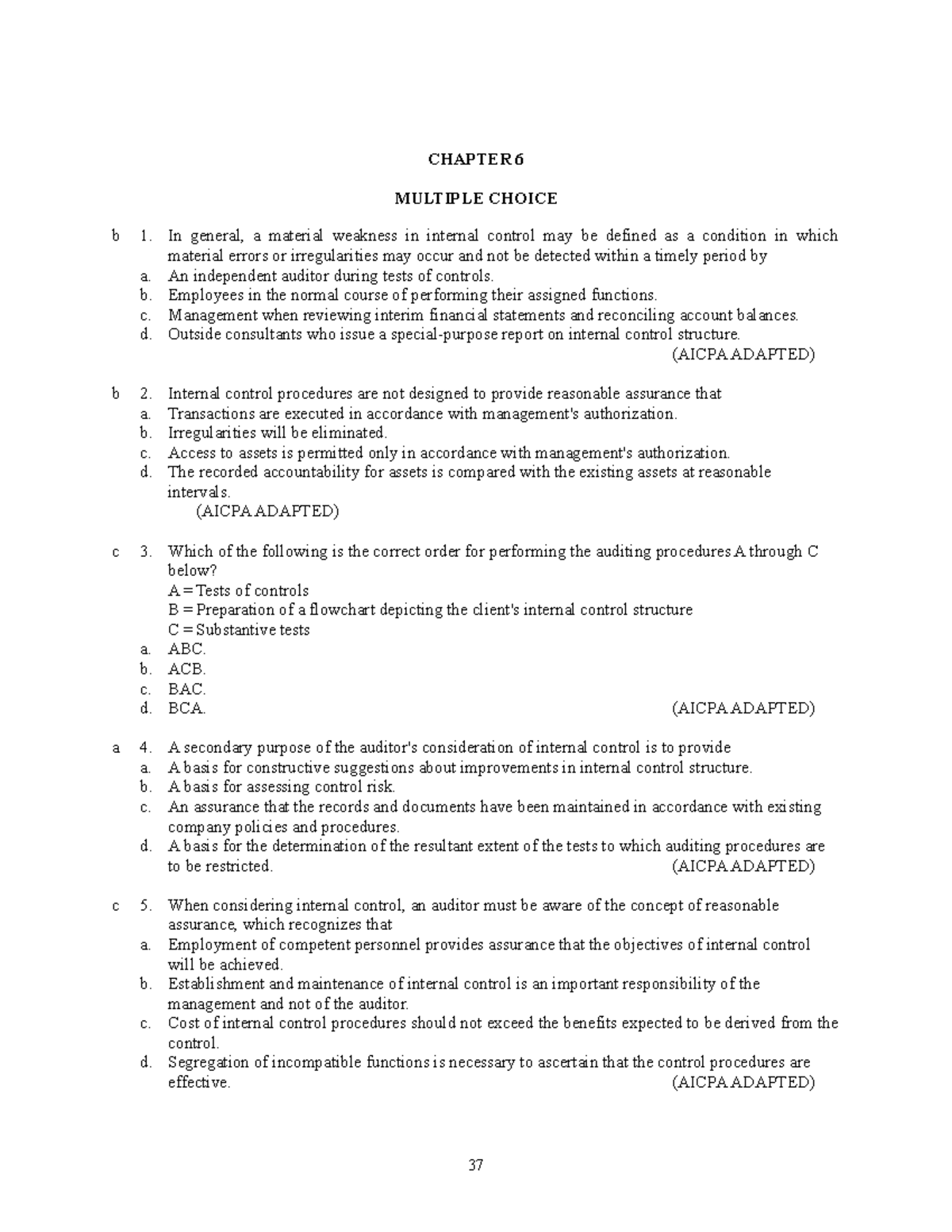 Chapter 6 Midterm Exam Review - Internal Control Questions & Answers ...