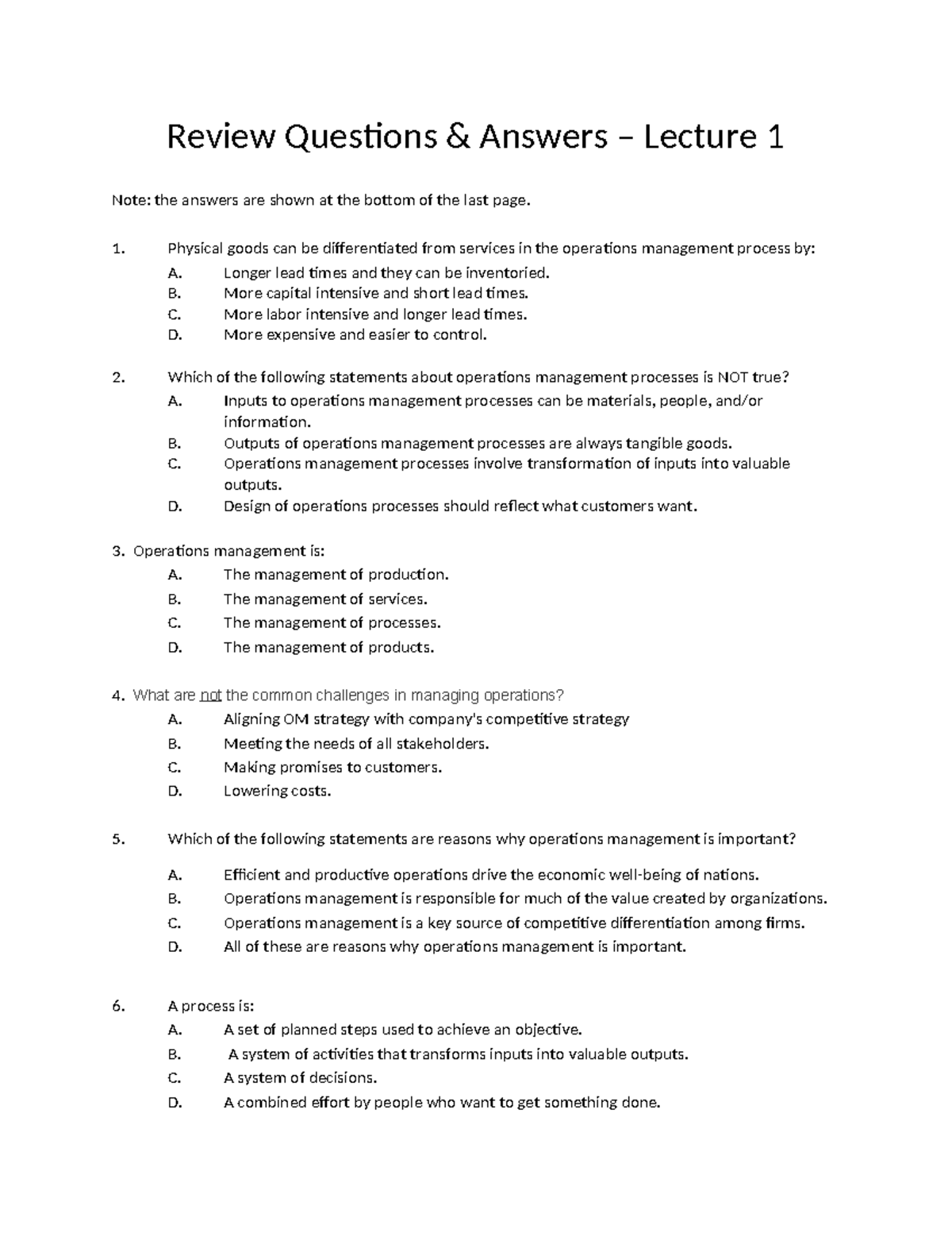 Review Questions & Answers - Operations Management Lecture 1 - Studocu