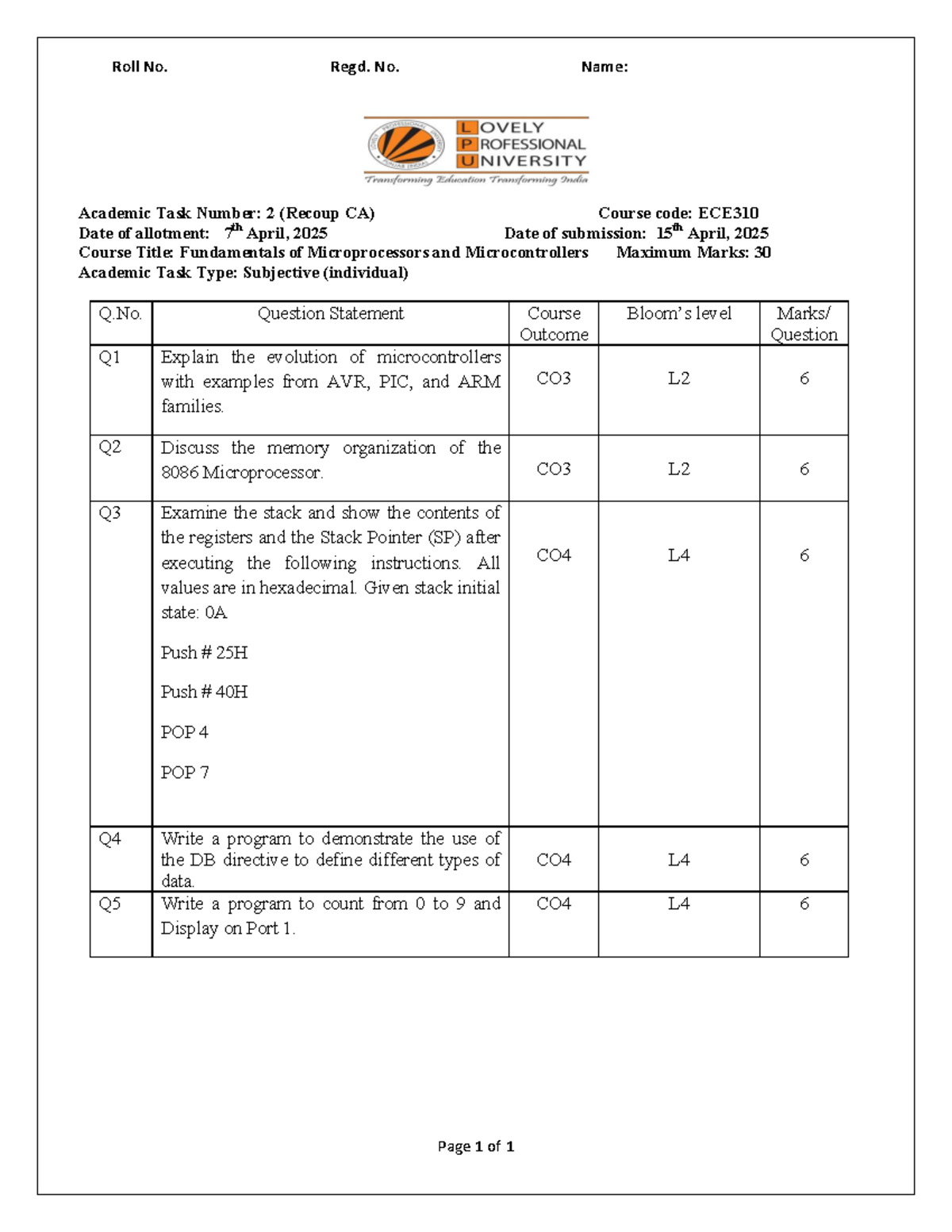 Recoup CA ece 310 - academic task on microprocessors and ...