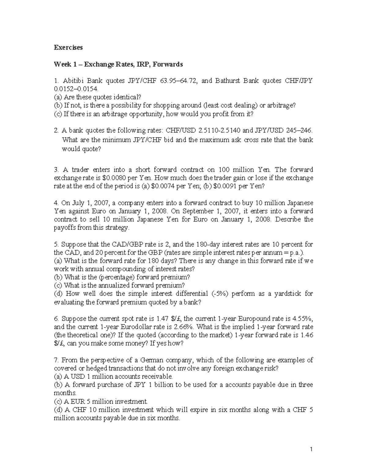 Seminar Assignments, Week 1: Exchange Rates, IRP & Forwards Exercises -  Studeersnel