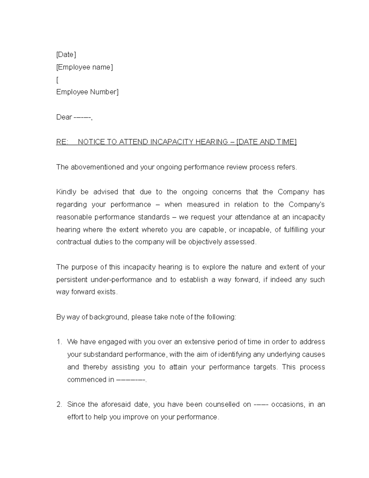 Incapacity Hearing Notice: Addressing Poor Performance Concerns - Studocu
