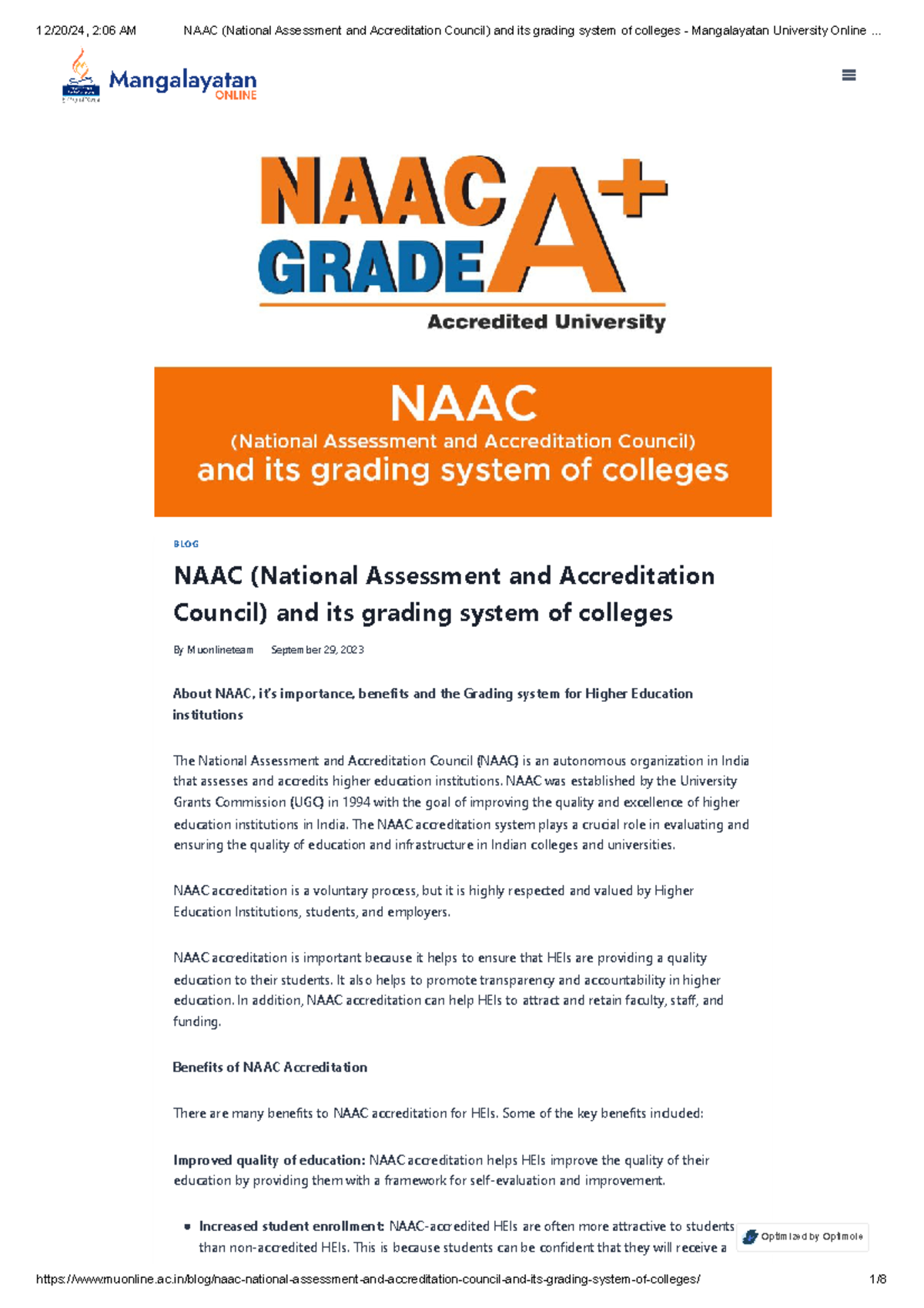 NAAC (National Assessment and Accreditation Council) and its grading ...
