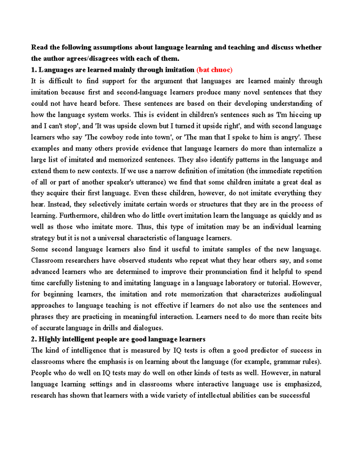 Read the following assumptions about language learning and teaching and ...