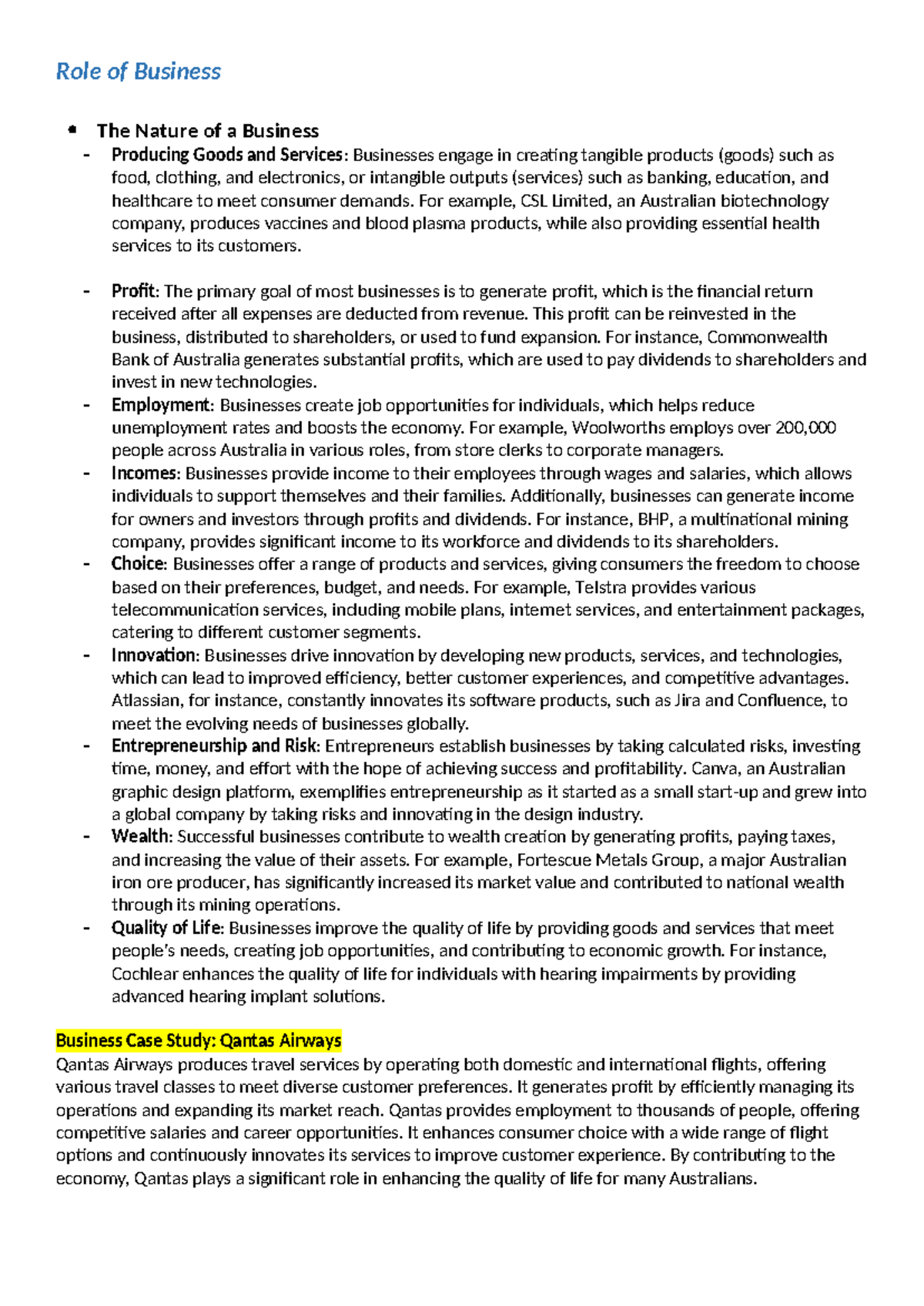 BUS 101: Role of Business - Key Concepts and Case Studies - Studocu