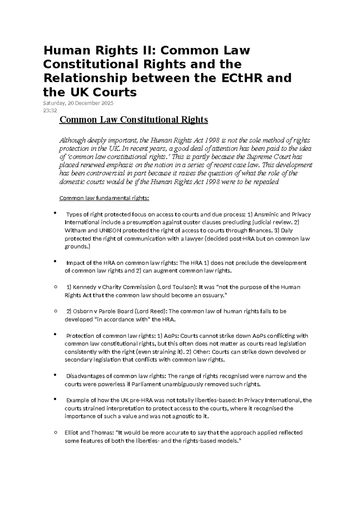 Human Rights II: Common Law Rights & ECtHR Relations Overview - Studocu