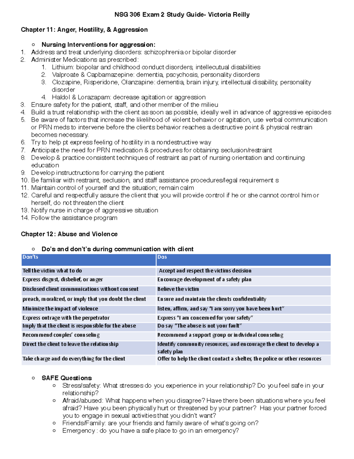 NSG 306 Exam 2 Study Guide on Anger, Violence, and Trauma Disorders ...