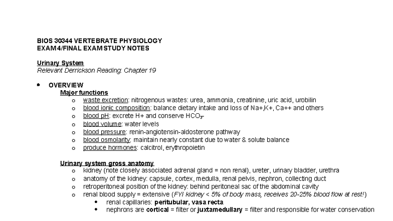 BIOS 30344 Urinary System Exam 4 Study Guide Notes - Studocu