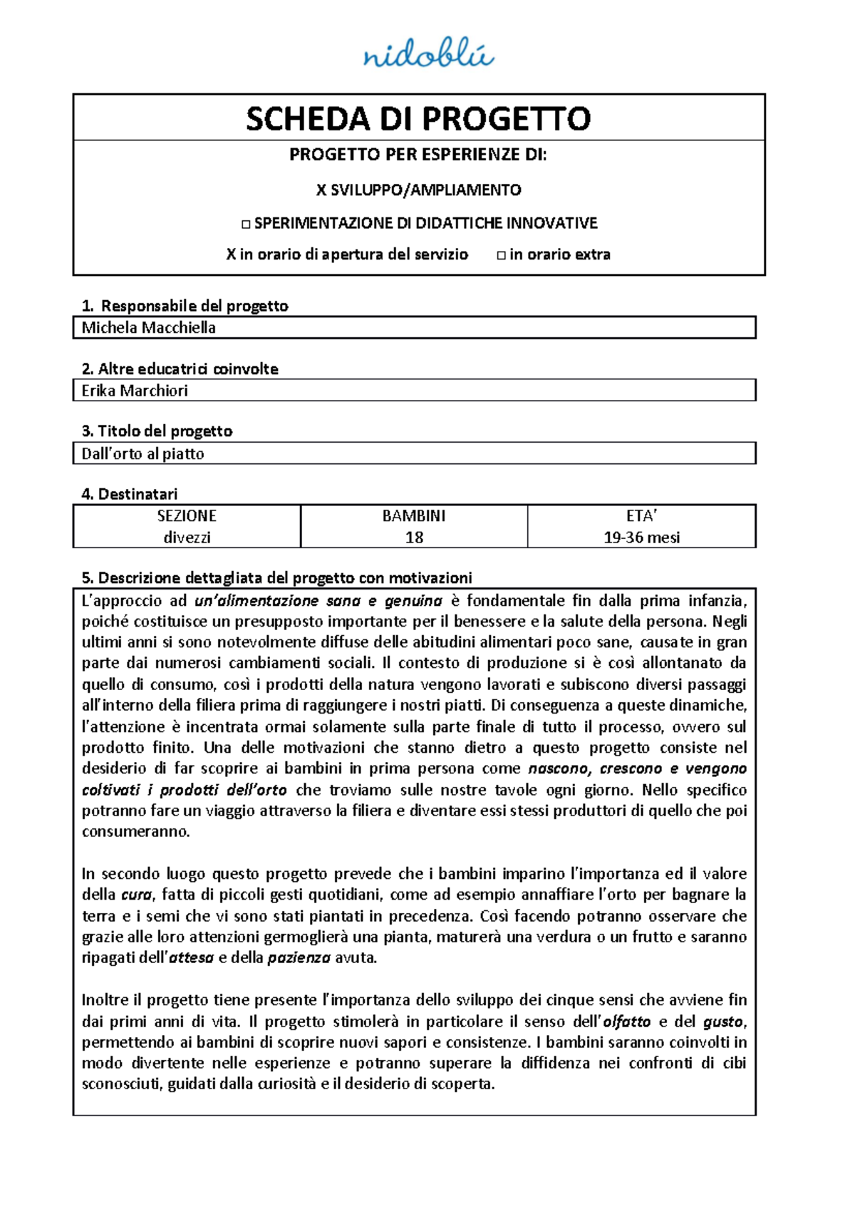 Scheda Progetto DALL'ORTO AL PIATTO: Esperienze Didattiche Innovative ...