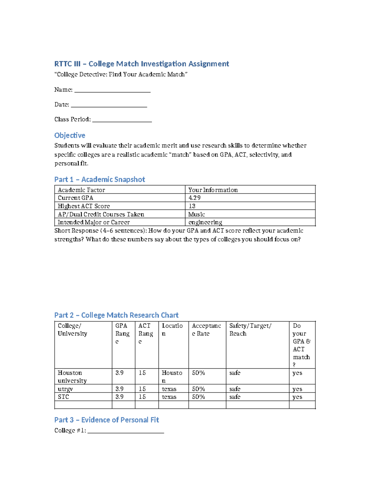 RTTC College Match Investigation Assignment: Evaluating Academic Fit ...