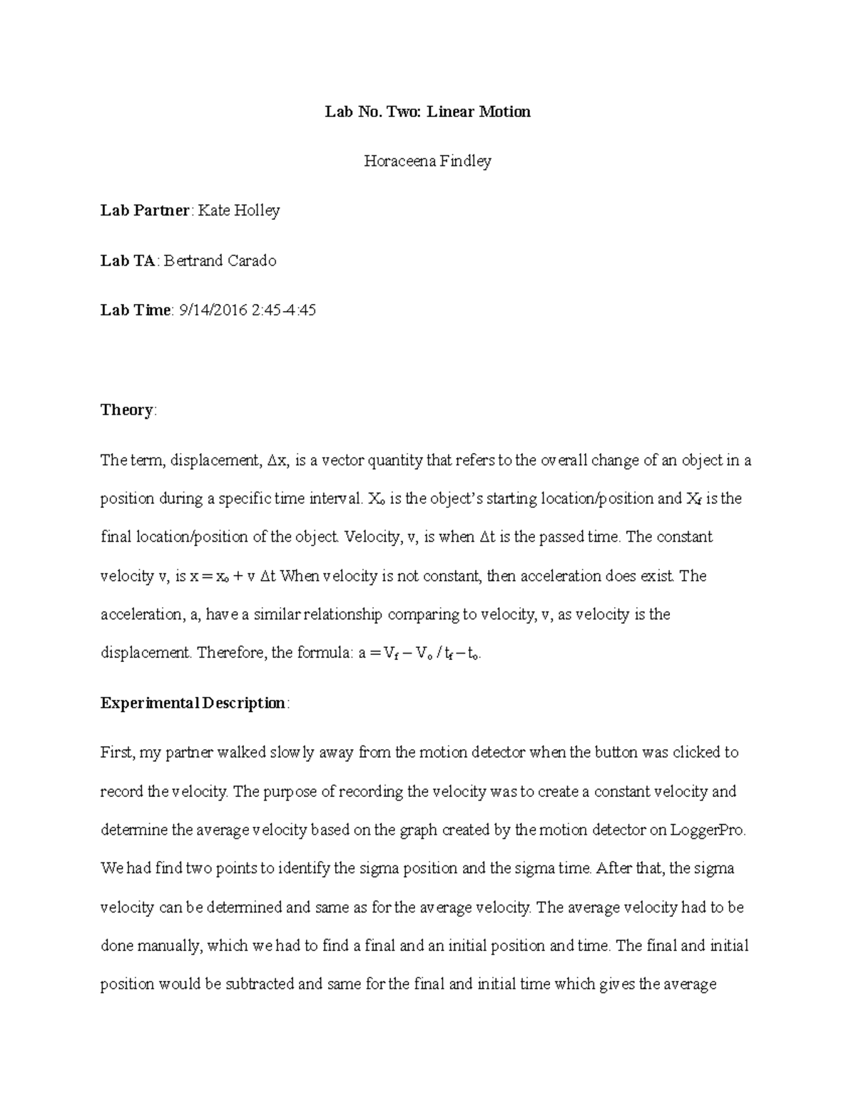 Lab 2: Analysis of Linear Motion and Average Velocity Measurements ...