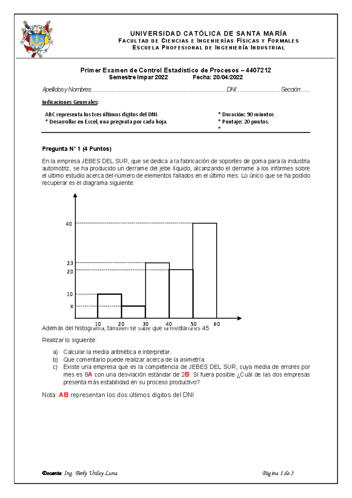 Examen de Control Estadístico de Procesos - 4407212 Semestre 2022 - Document Preview