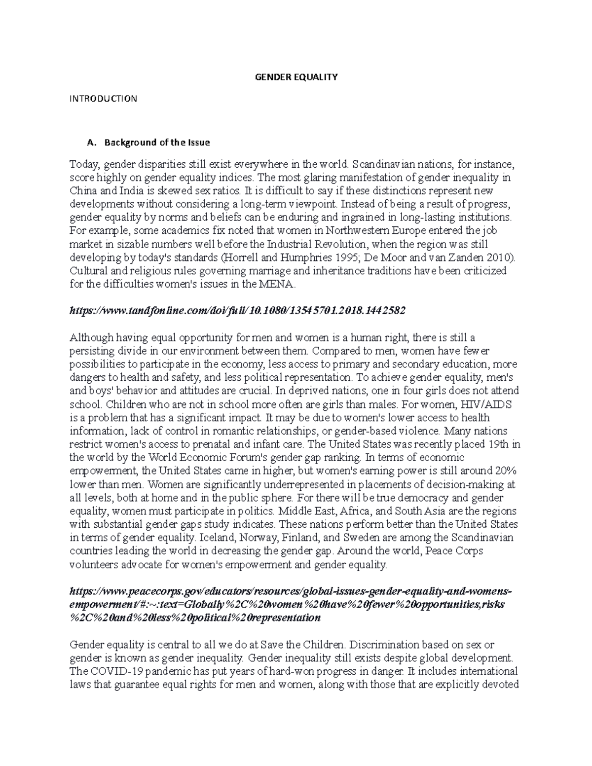Gender Equality - NONE - GENDER EQUALITY INTRODUCTION A. Background of ...