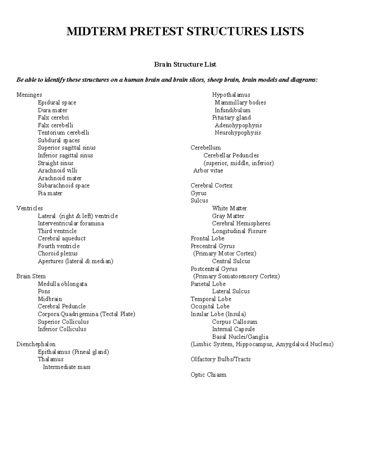 Lab 3: Cranial Nerves and Spinal Nerves Study Guide (BIO 101) - MIDTERM ...