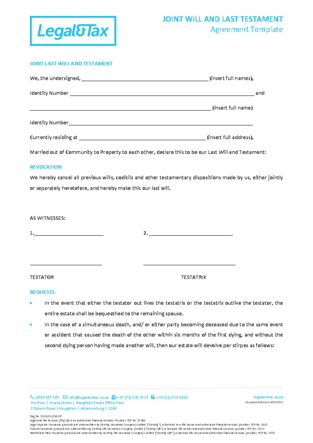 Joint Last Will and Testament Template for Couples (Reg No. 2001/011518 ...