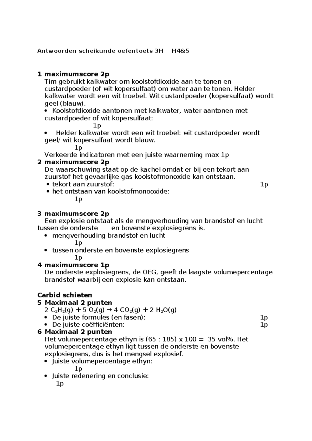 Antwoorden Scheikunde Oefentoets 3H - Maximale Score 2p - Studeersnel