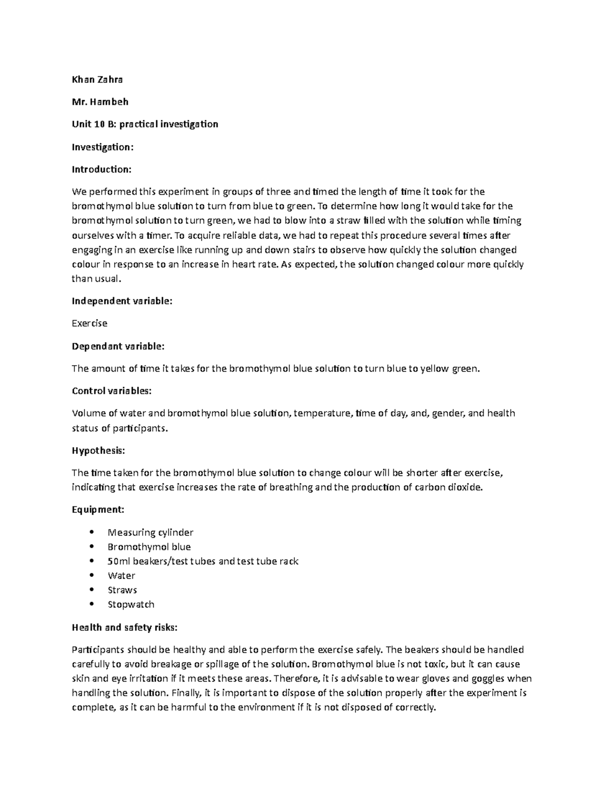Unit 10B Practical Investigation: Effects of Exercise on CO2 Levels ...