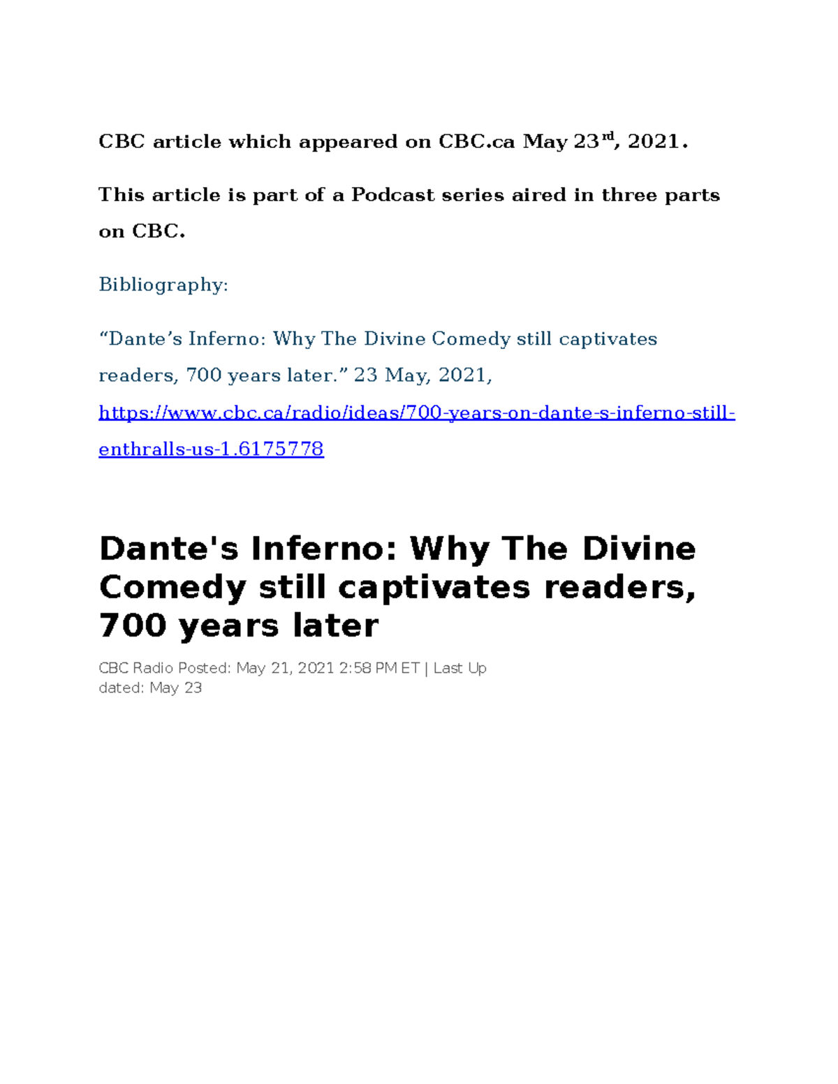 Why Dante Matters: Insights from CBC Article (May 2021) - Studocu