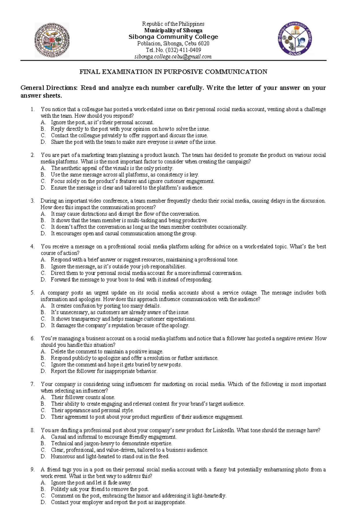 Final Exam - Purposive Communication (PC 101) - Studocu