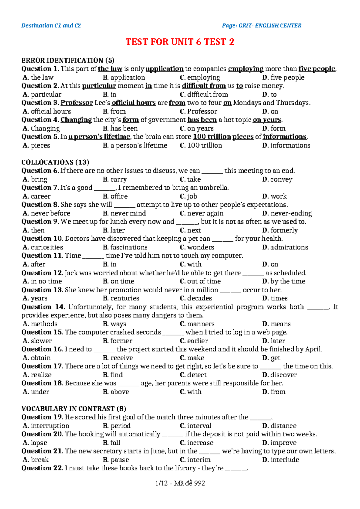 TEST FOR UNIT 6 - Destination C1 and C2 - TEST 2 - Studocu