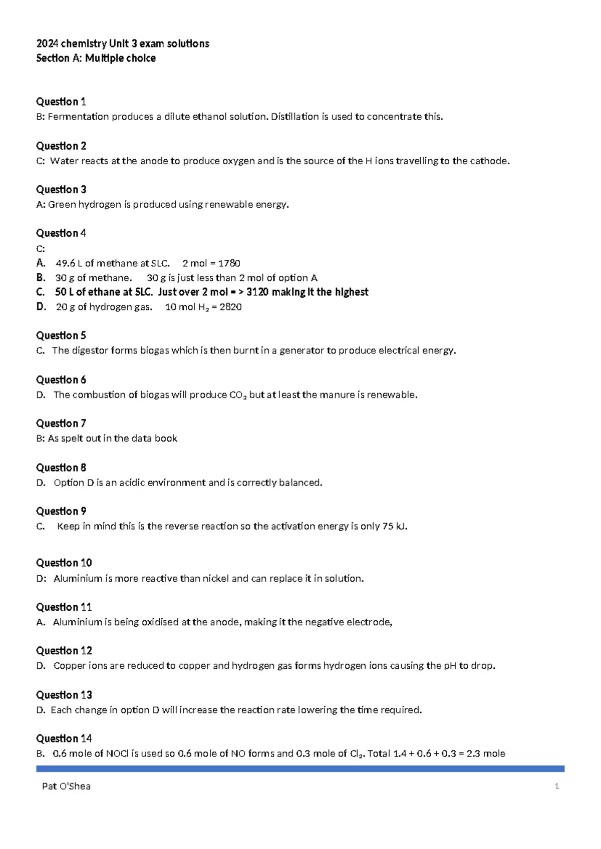 Unit 3 Chemistry Final Exam Solutions: Multiple Choice & Short Answers ...