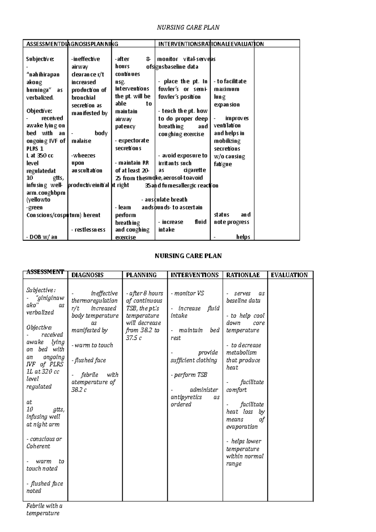 NCP 101 - Comprehensive Nursing Care Plan for Patient Assessment - Studocu