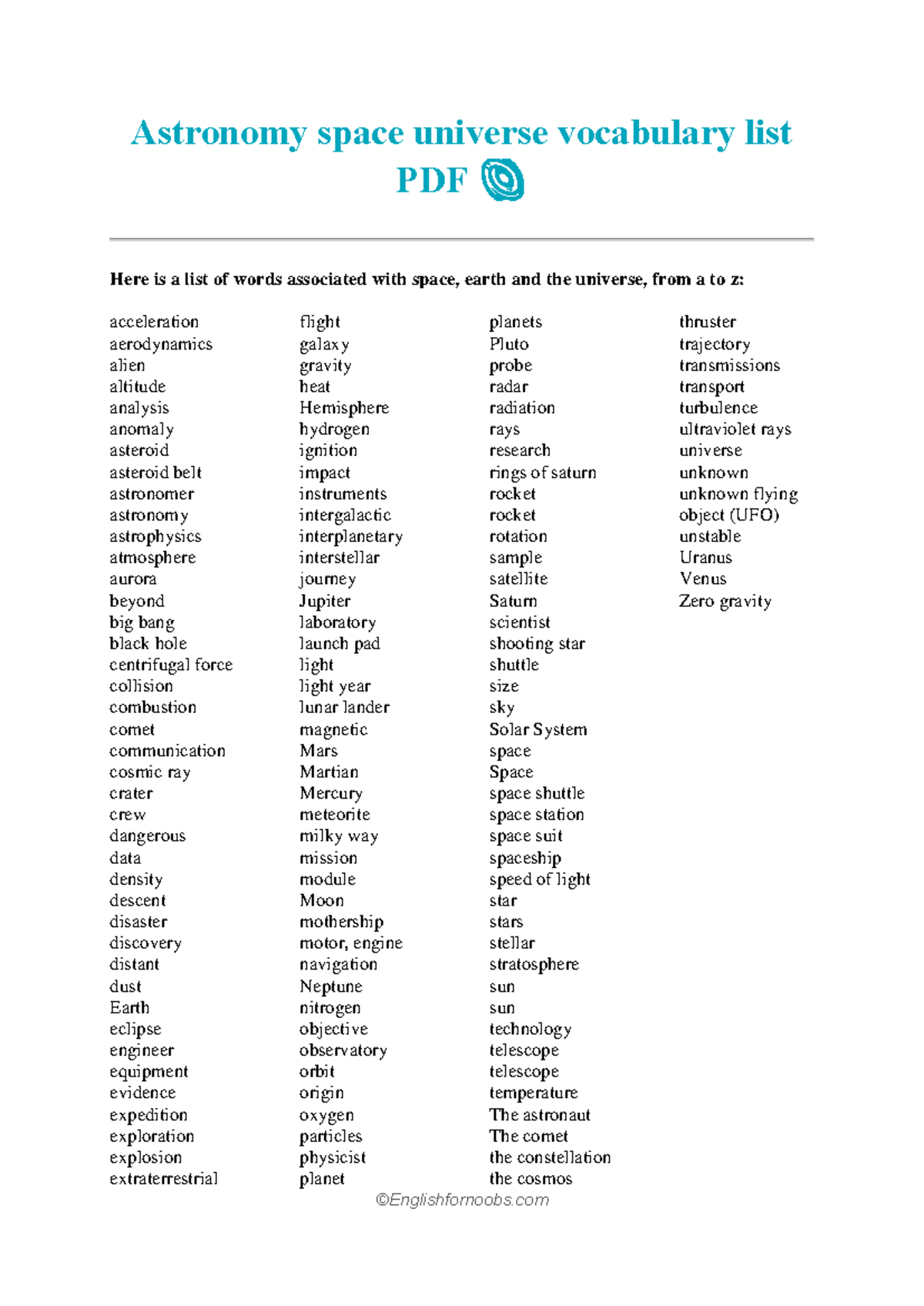 Astronomy Vocabulary Words