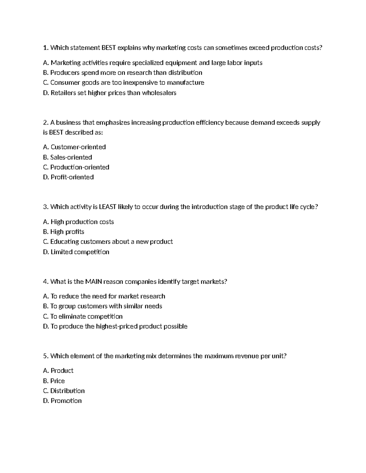 Chapter 20 - Marketing Concepts Practice Questions - Studocu