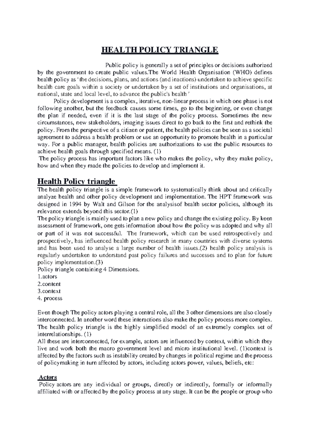 Health Policy Triangle Analysis: Key Dimensions and Frameworks - Studocu