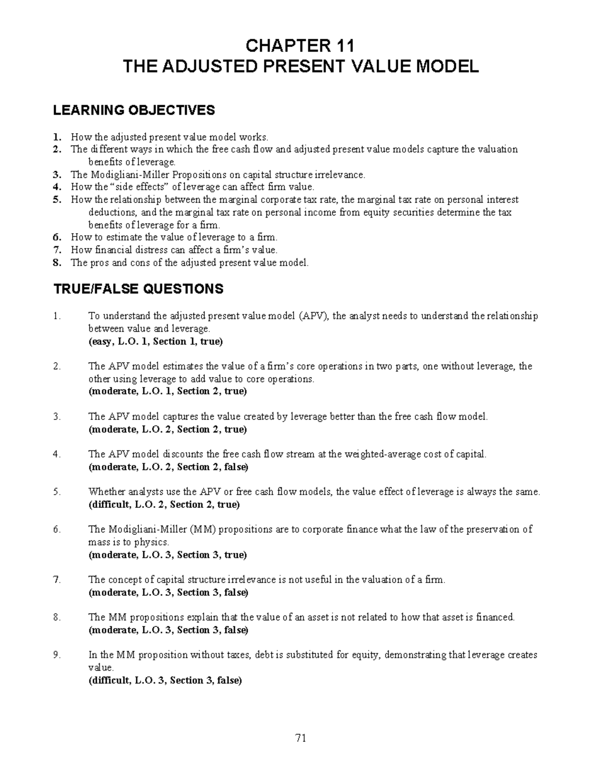 CHAPTER 11: Adjusted Present Value Model Overview (SD11) - Studocu