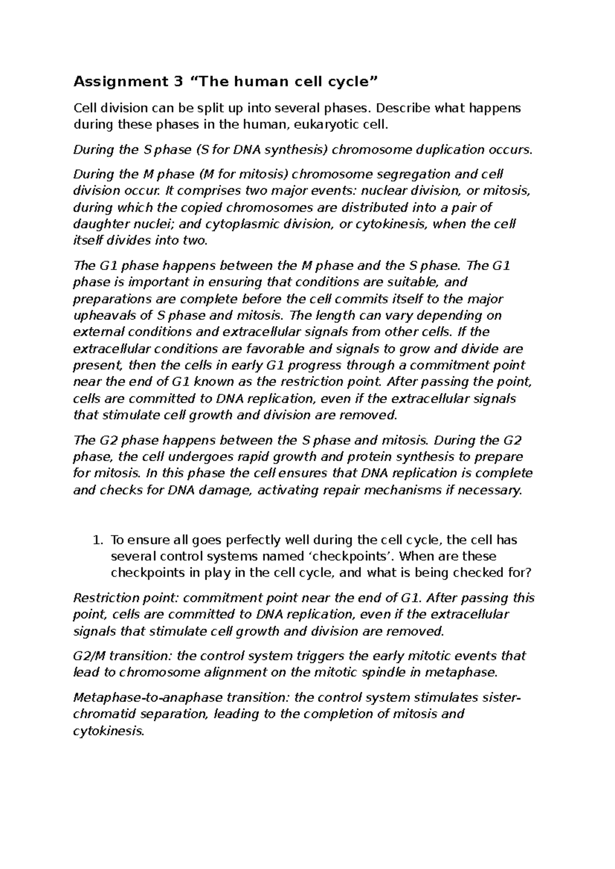 Assignment 3: The Human Cell Cycle and Its Phases - Studeersnel