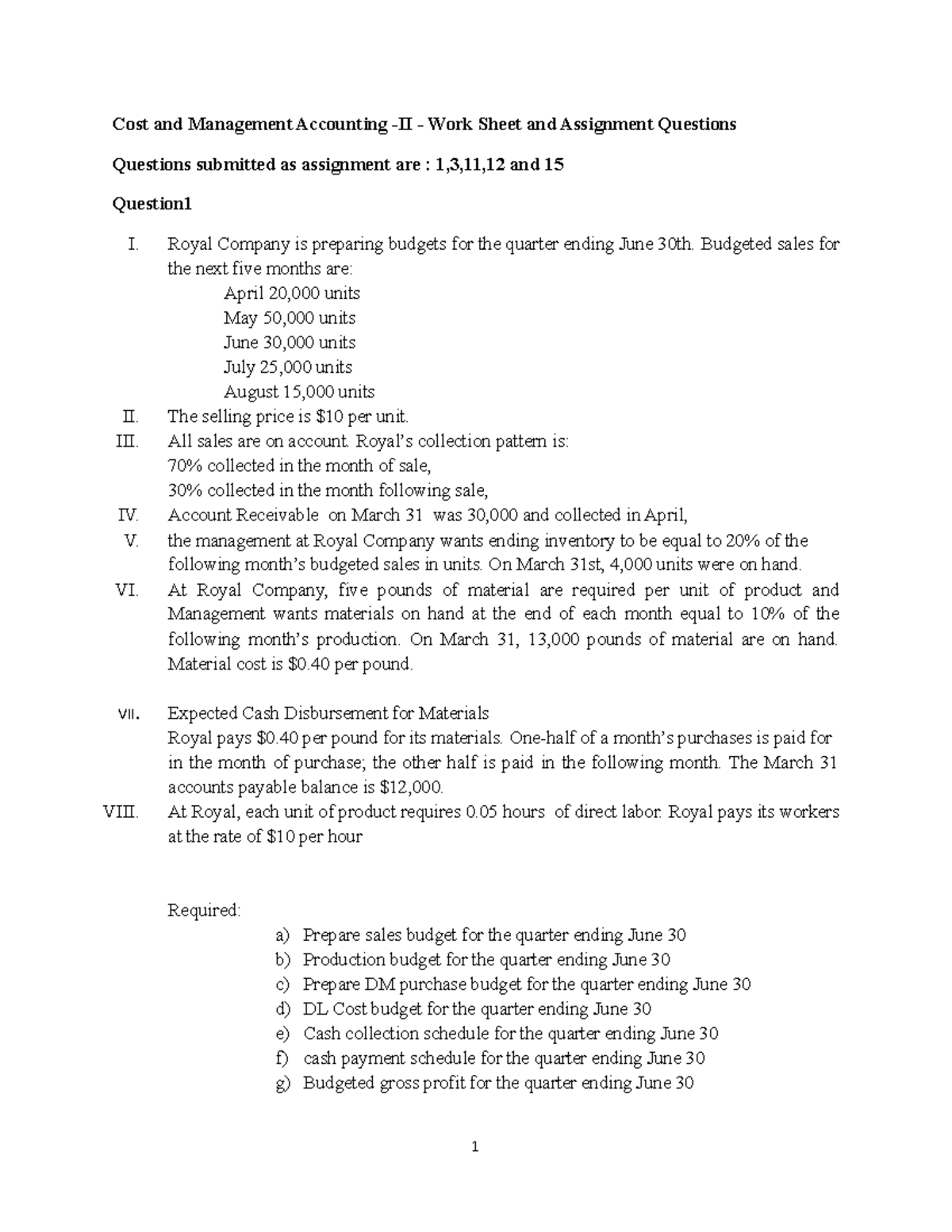 Cost and Management Accounting II - Work Sheet and Assignment Questions ...