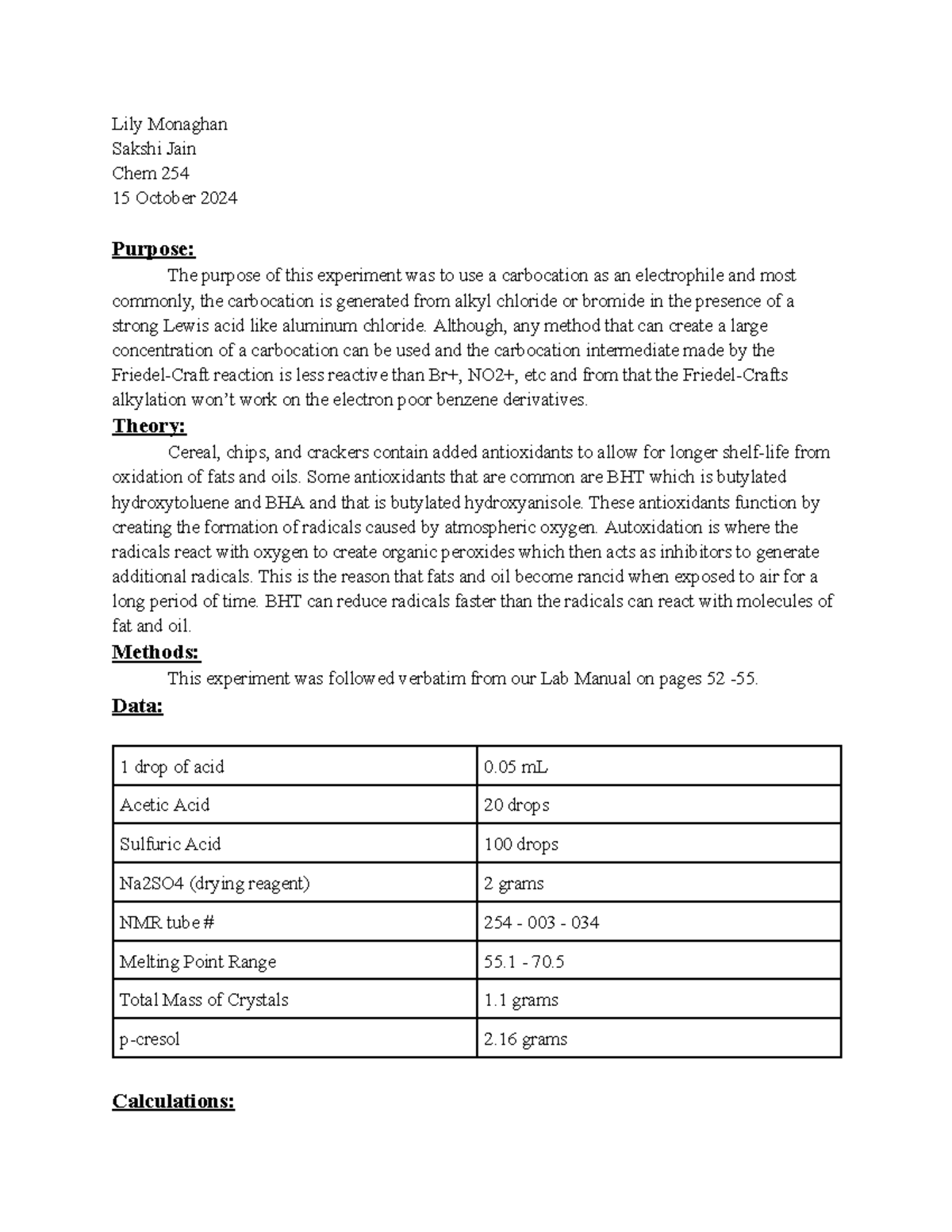 Lab Report #7 - Friedel-Crafts Alkylation (Chem 254) - Studocu
