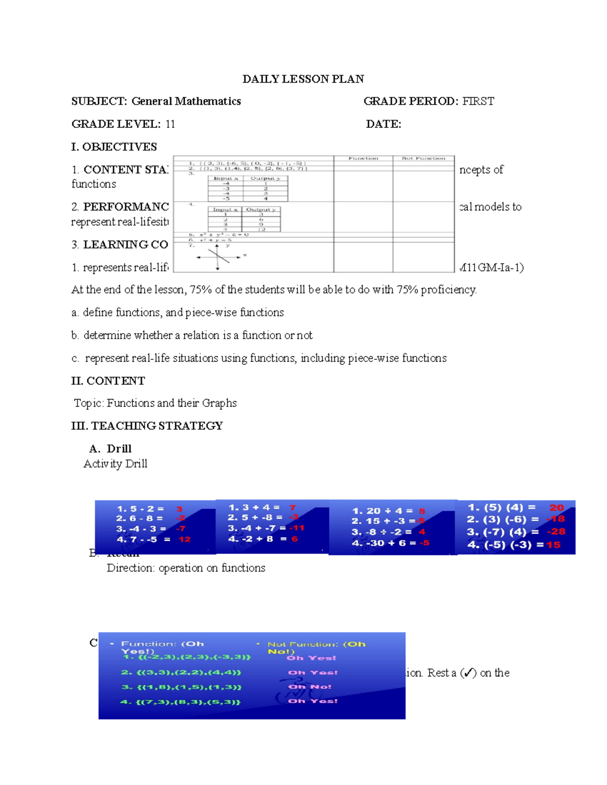 Daily Lesson Plan: Functions & Their Graphs (Gr. 11 Math) - Studocu