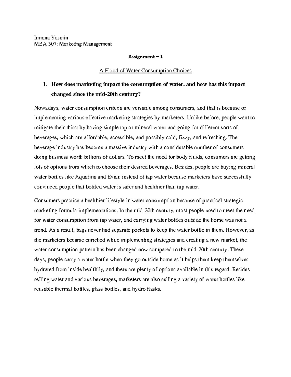 MBA 507: Marketing Management Assignment 1 - Water Consumption Choices ...