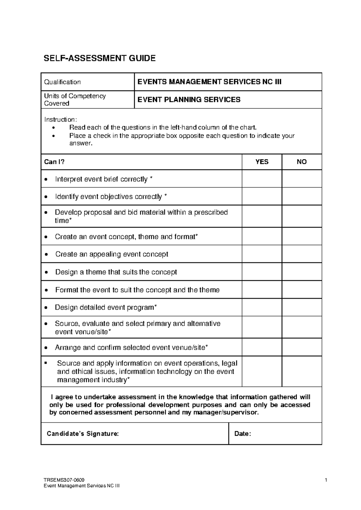 SAG - Self-Assessment for Events Management Services NC III - Studocu
