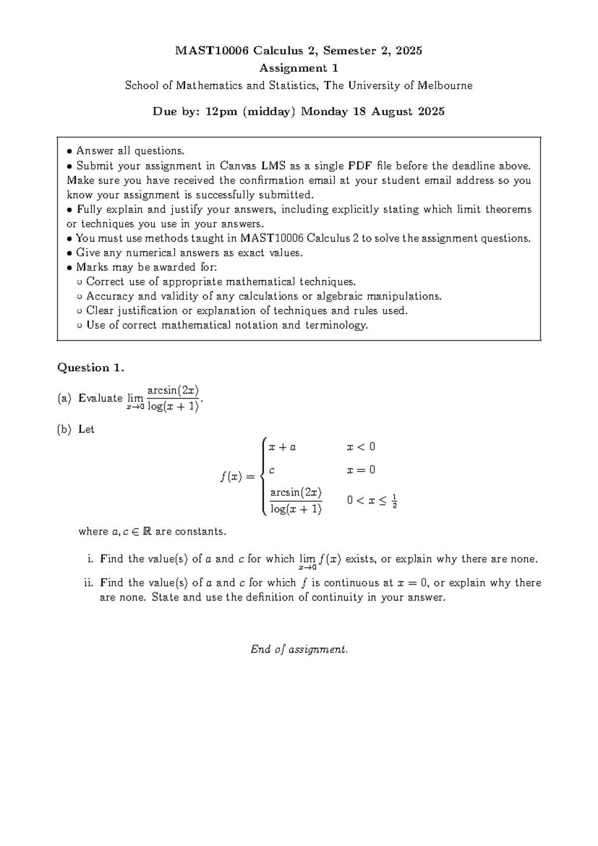 Assignment 1 MAST10006 Calculus 2 - Due 18 Aug 2025 - Studocu