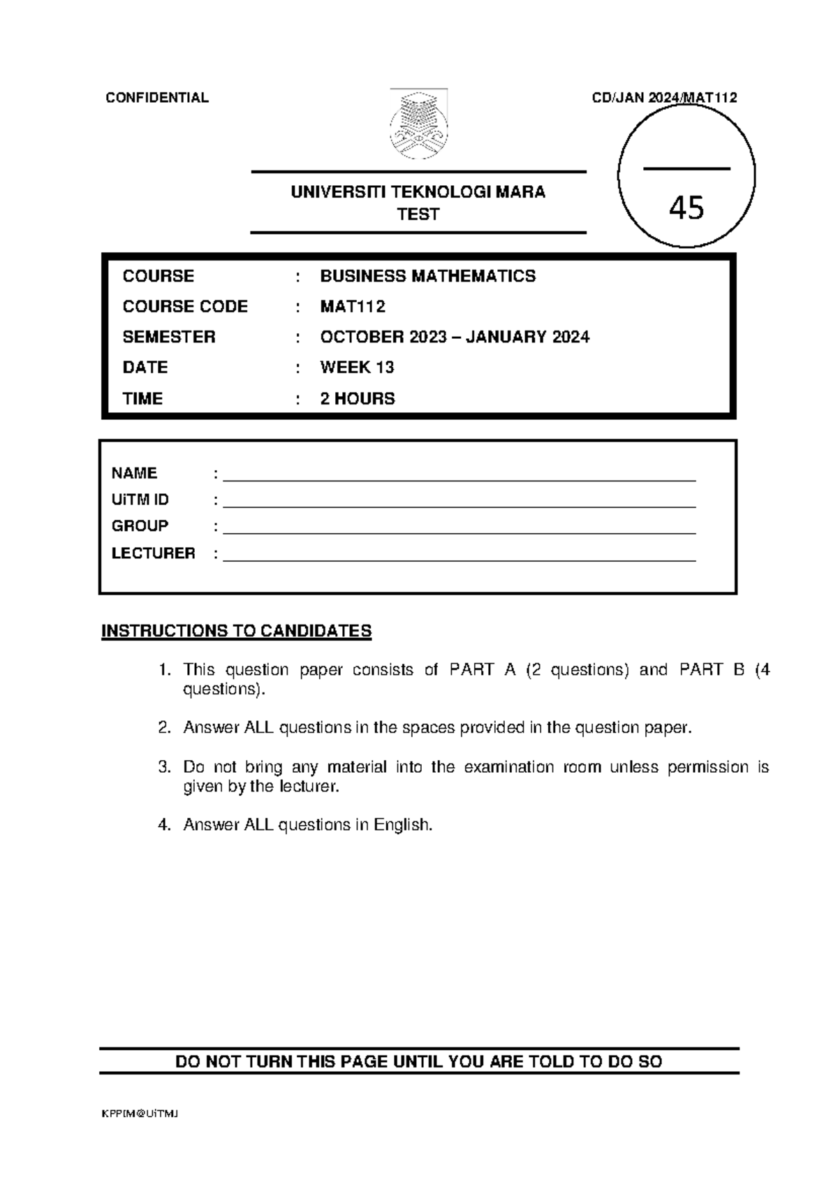 TEST MAT112 (Segamat) Business Mathematics January 2024 - Studocu