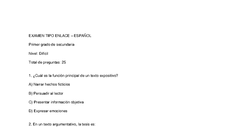 Examen Tipo Enlace De Español Secundaria