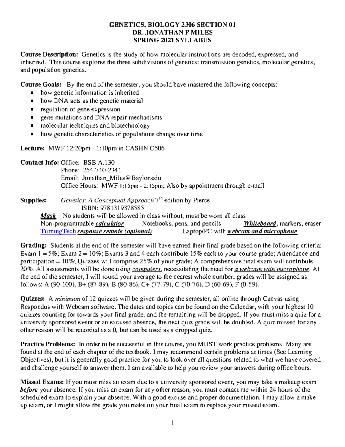 2021 Spring Genetics 01 Syllabus - GENETICS, BIOLOGY 2306 SECTION 01 DR ...