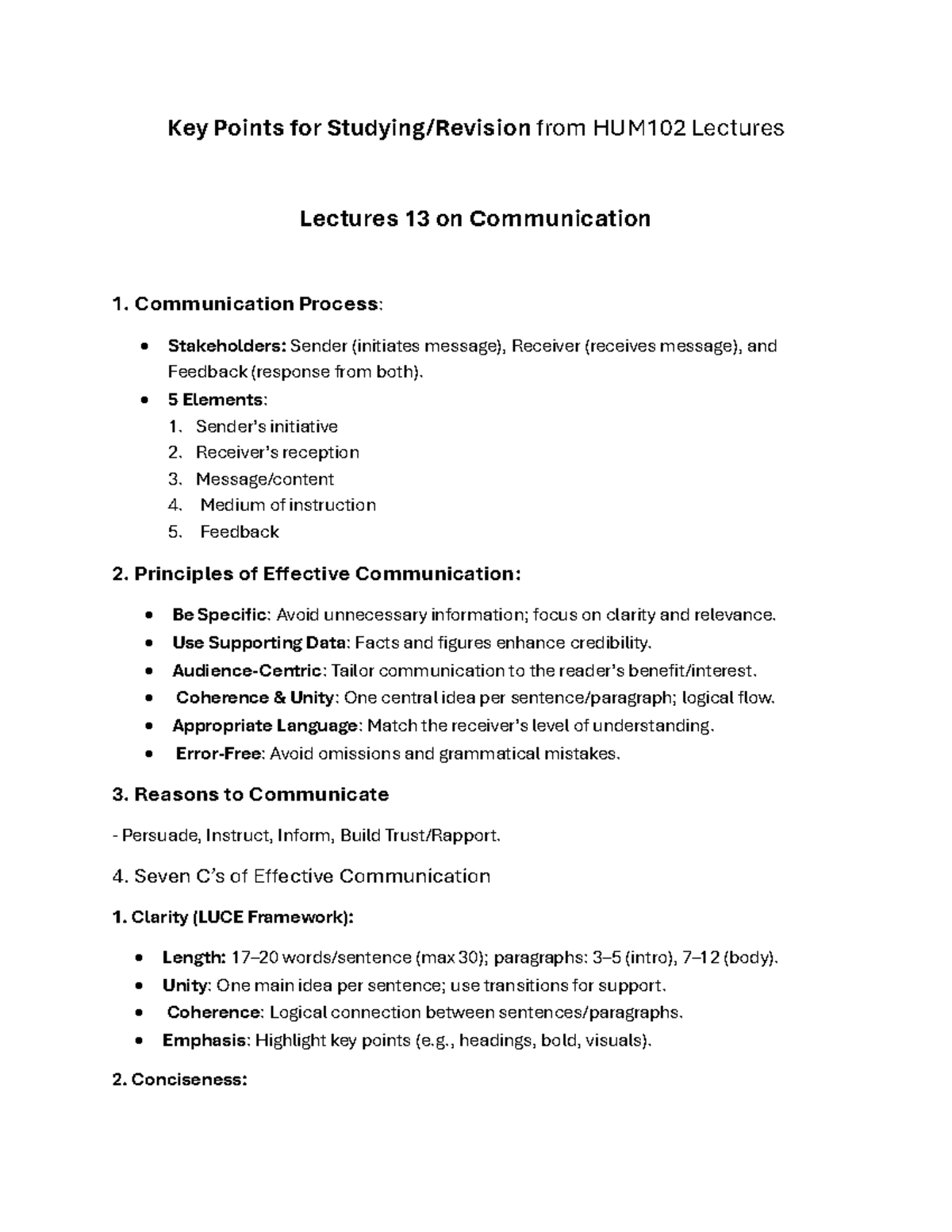Key Points from HUM102 Lectures 13-29 on Communication Skills - Studocu