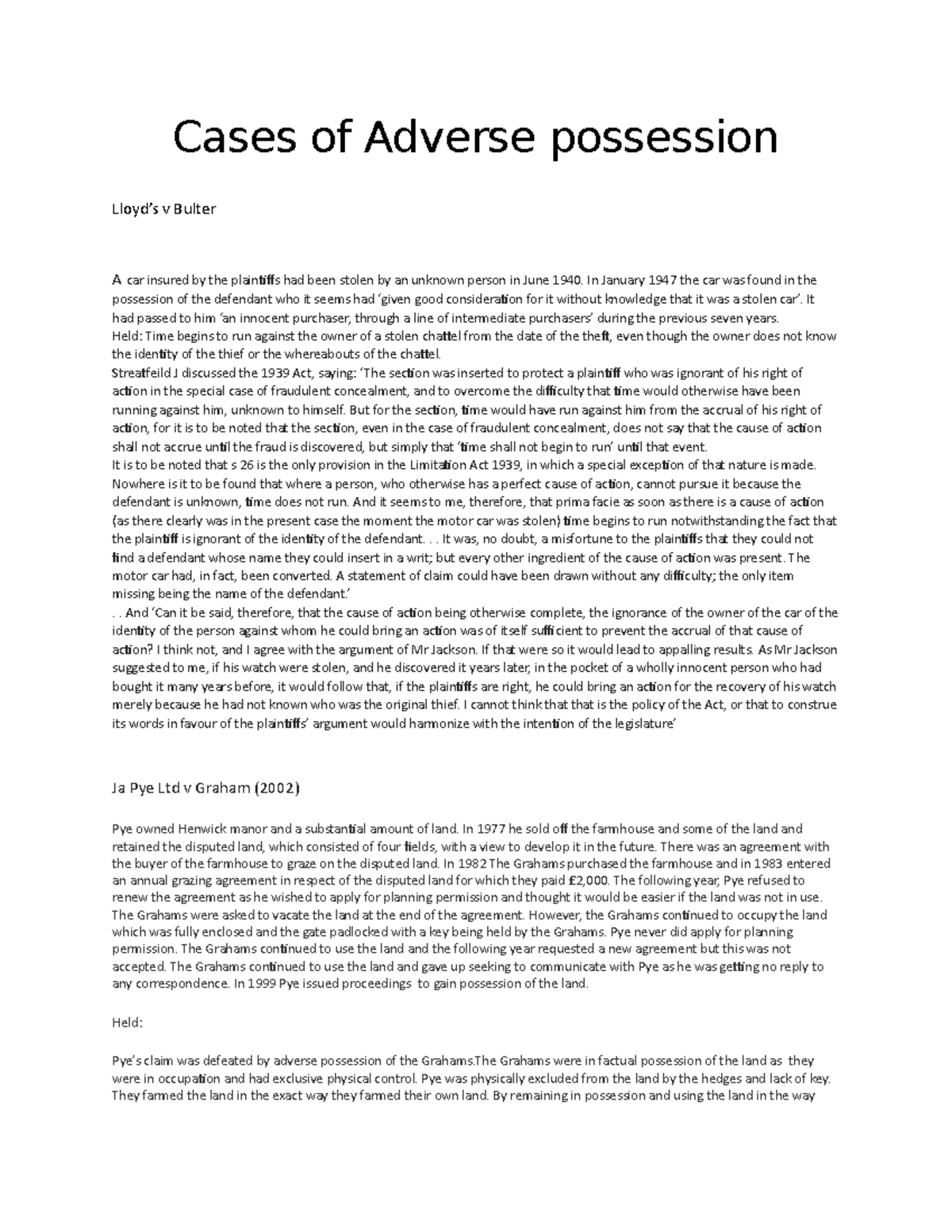 Adverse Possession Case Law: Key Decisions & Principles Analysis - Studocu